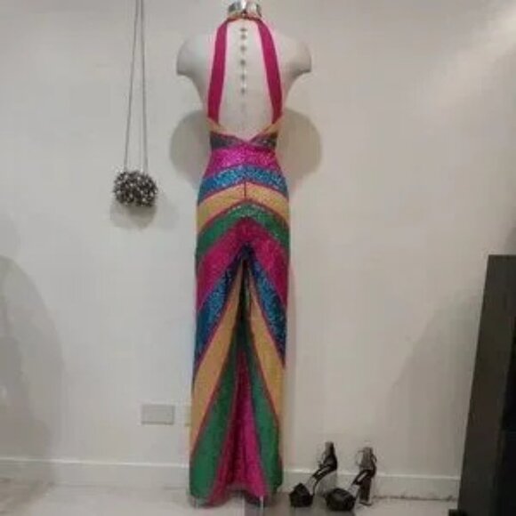 💋RETRO GLAM!💋 STUDIO 54 Halter Cut Out Wide-leg Jumpsuit in Stripe Sequin - Picture 10 of 14